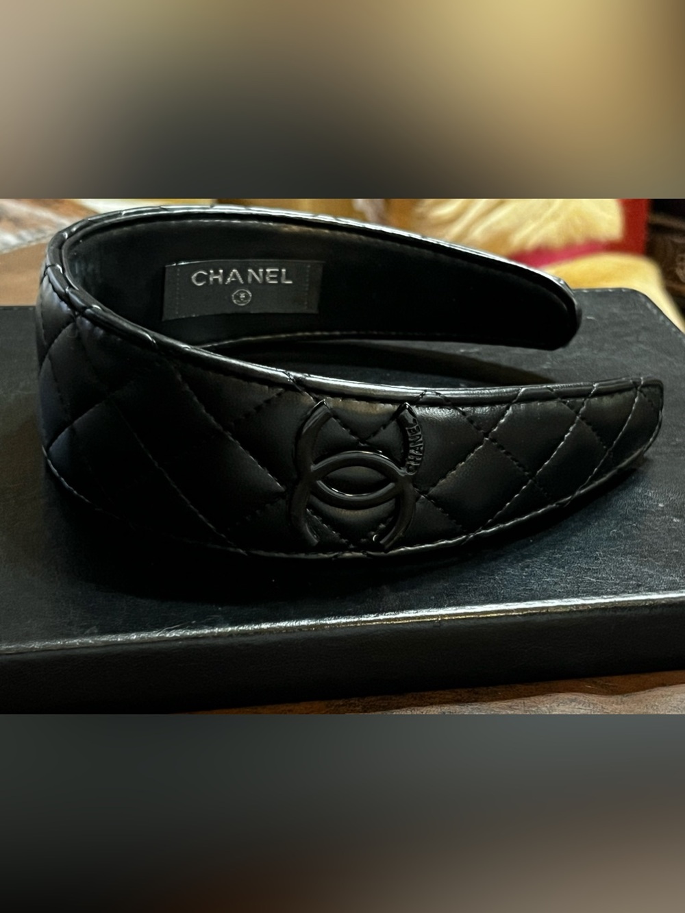 Double C Extra Wide Quilted Letter Logo Black on Black Headband